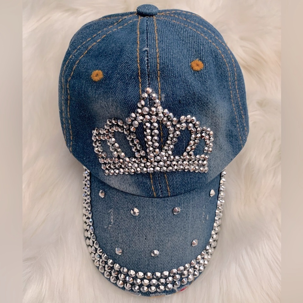 Distressed Denim Embellished Rhinestone Crown Cap